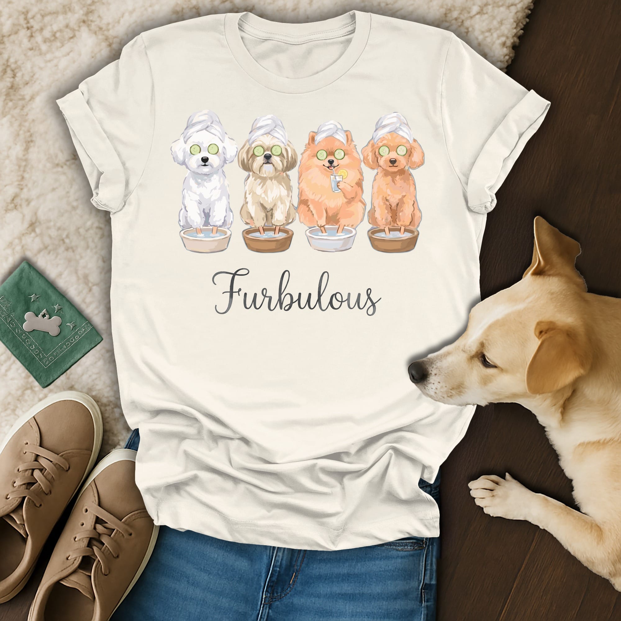 Four dogs wearing spa towels and eye masks relax with "Furbulous" text.
