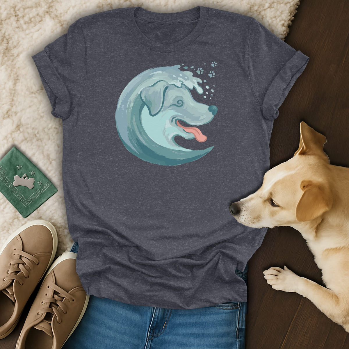 Dark grey t-shirt with a light blue water dog graphic and paw prints.