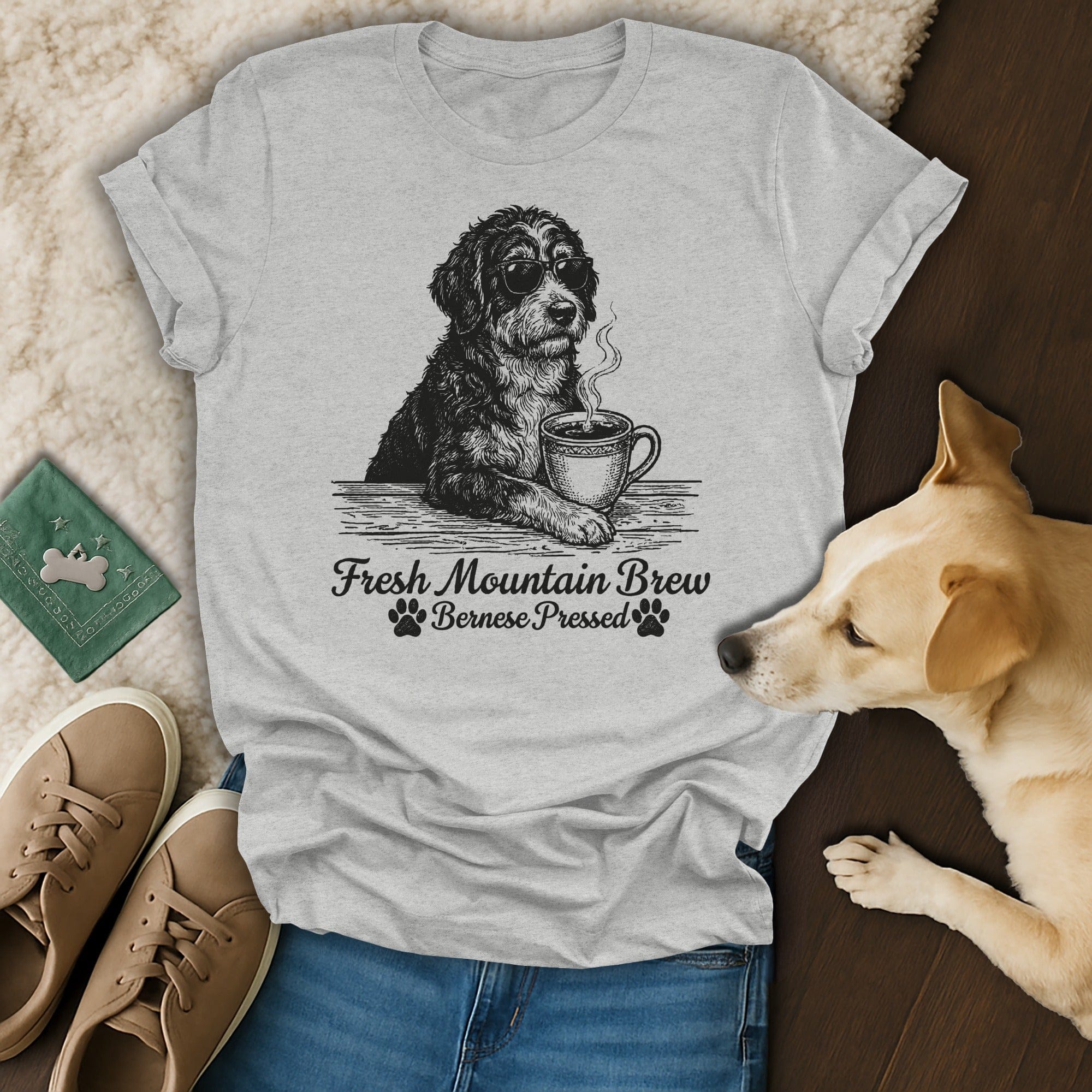 Fresh Mountain Brew Bernese Pressed Dog Coffee T-shirt