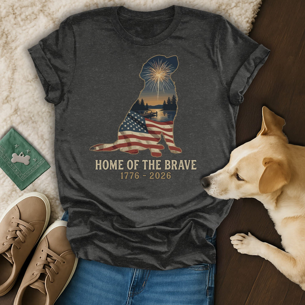 Dog silhouette filled with US flag and patriotic landscape.