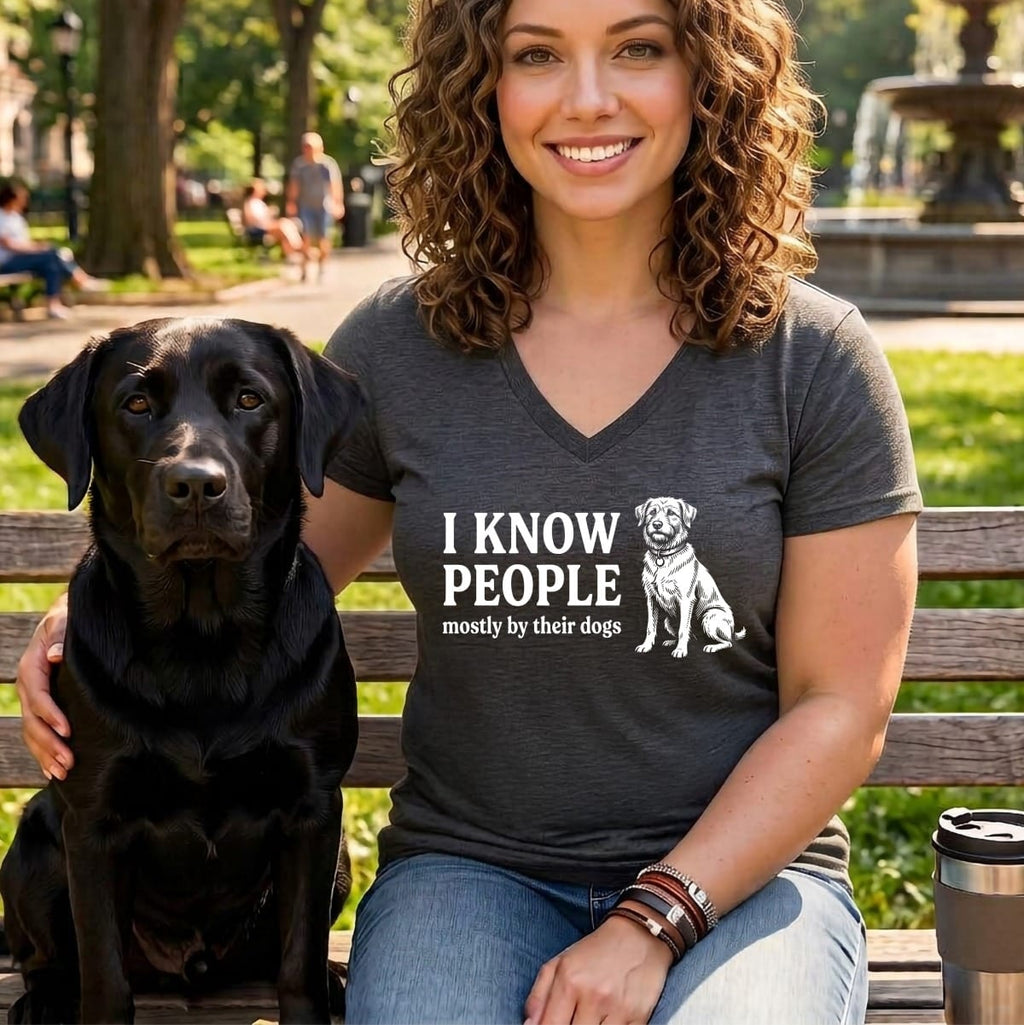 Woman wearing a t-shirt that says "I know people mostly by their dogs" with a black lab.
