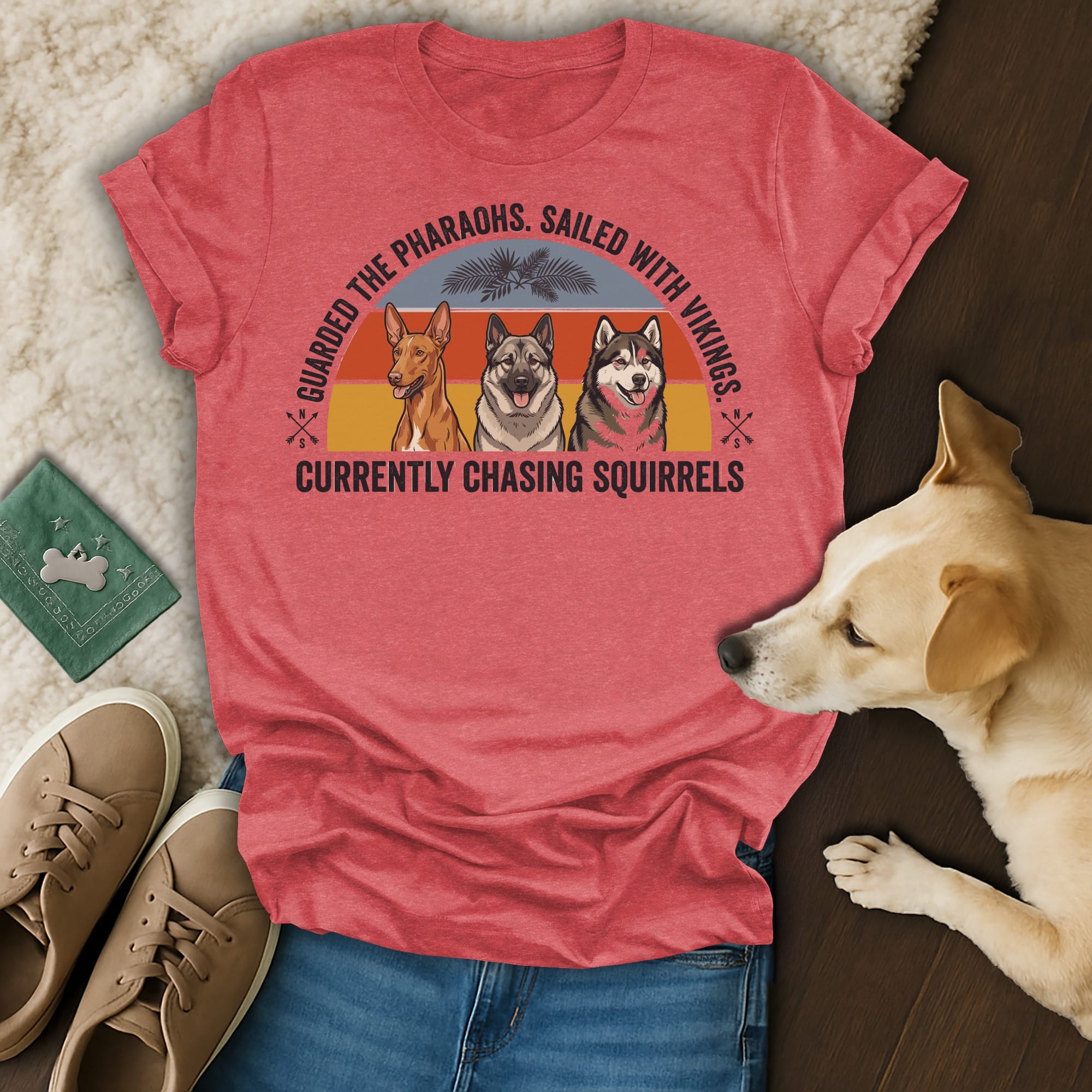 T-shirt with three dog heads and "Currently Chasing Squirrels" text.