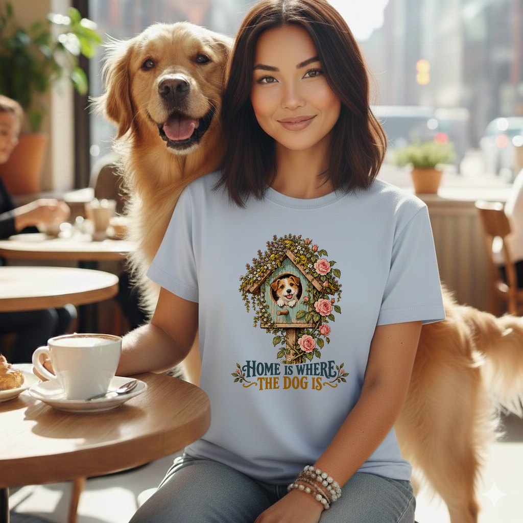 A smiling woman wearing a light blue t-shirt with a floral doghouse graphic, sitting in a cafe next to a golden retriever.
