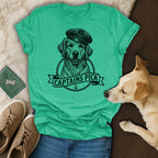 Golden retriever wearing a captain's hat, with "CAPTAIN'S PICK" text on banner.