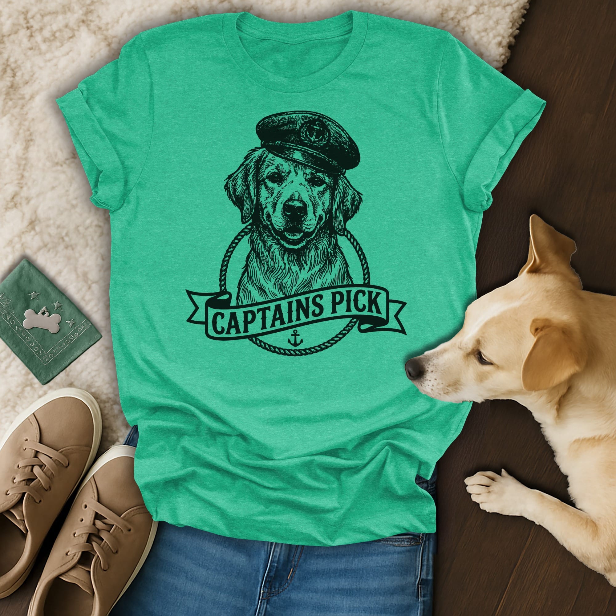 Golden retriever wearing a captain's hat, with "CAPTAIN'S PICK" text on banner.