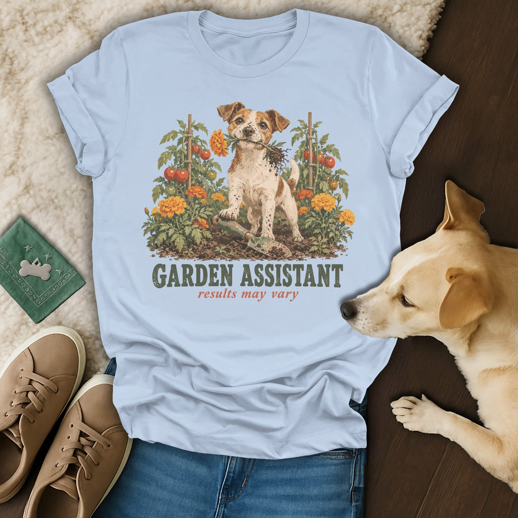 Light blue t-shirt featuring a Jack Russell terrier graphic with the text Garden Assistant results may vary.