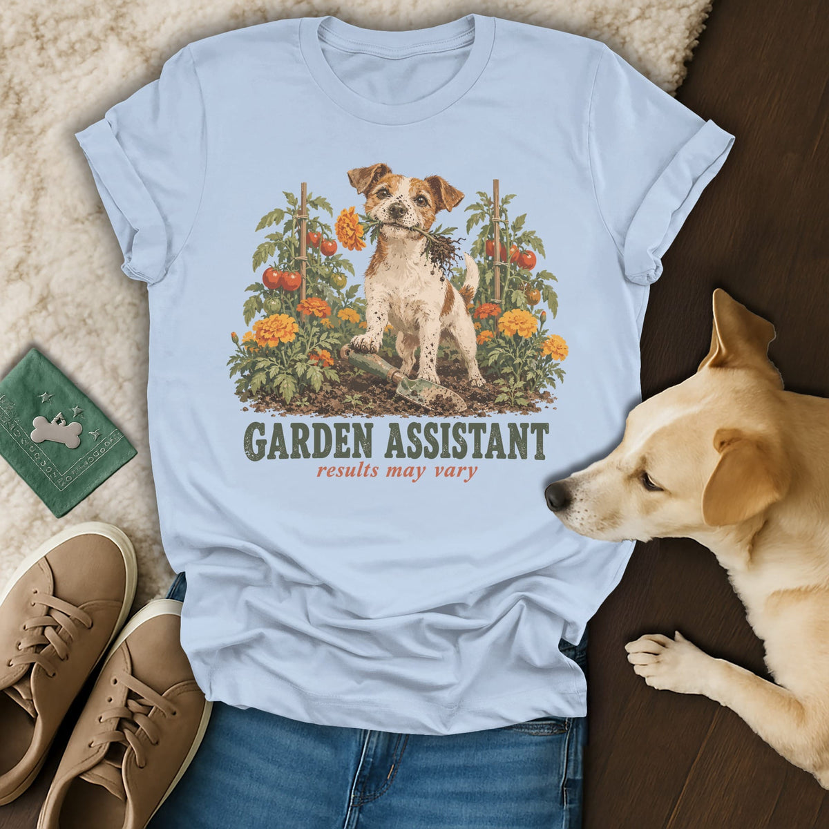 Light blue t-shirt featuring a Jack Russell terrier graphic with the text Garden Assistant results may vary.