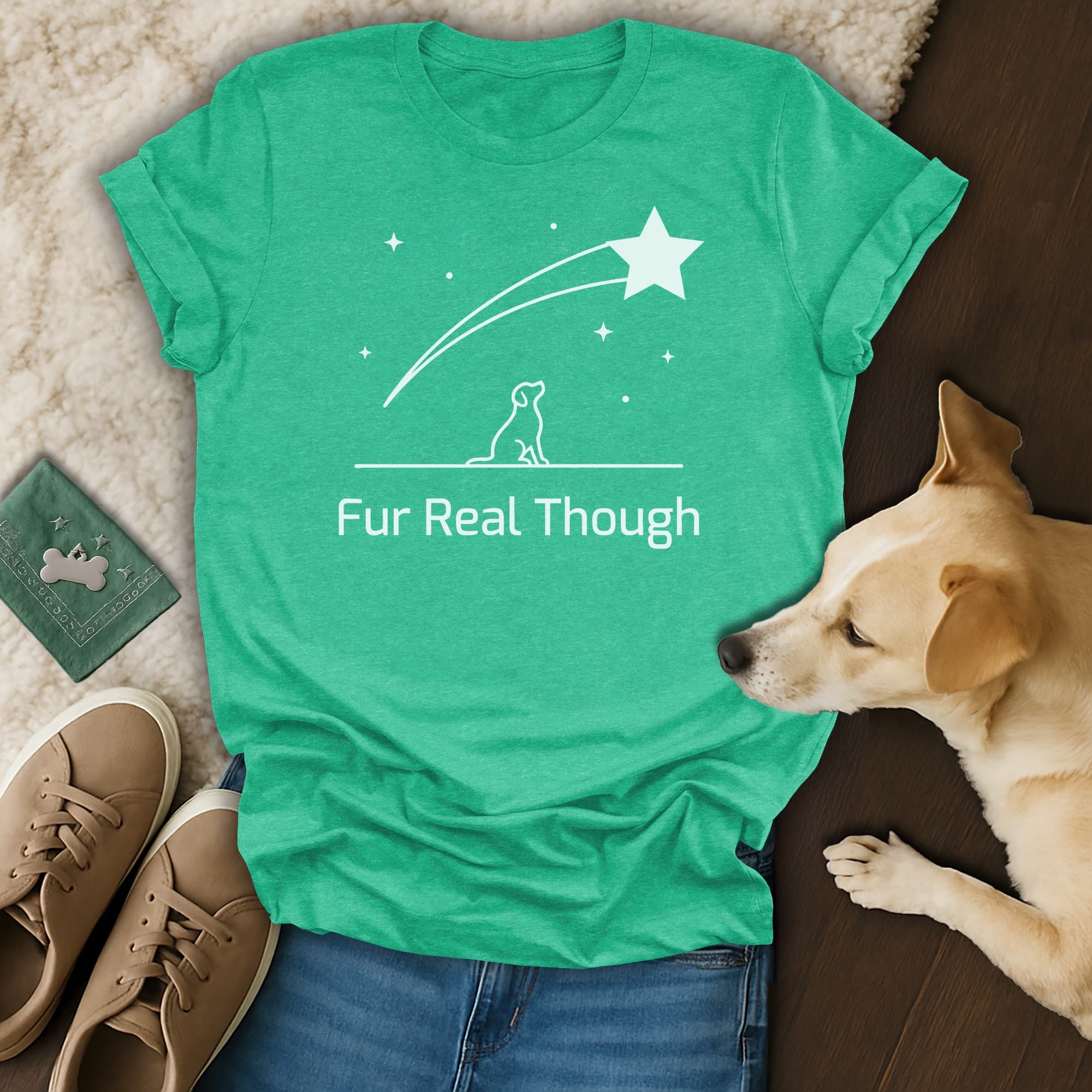 Green t-shirt with "Fur Real Though" and a shooting star design.