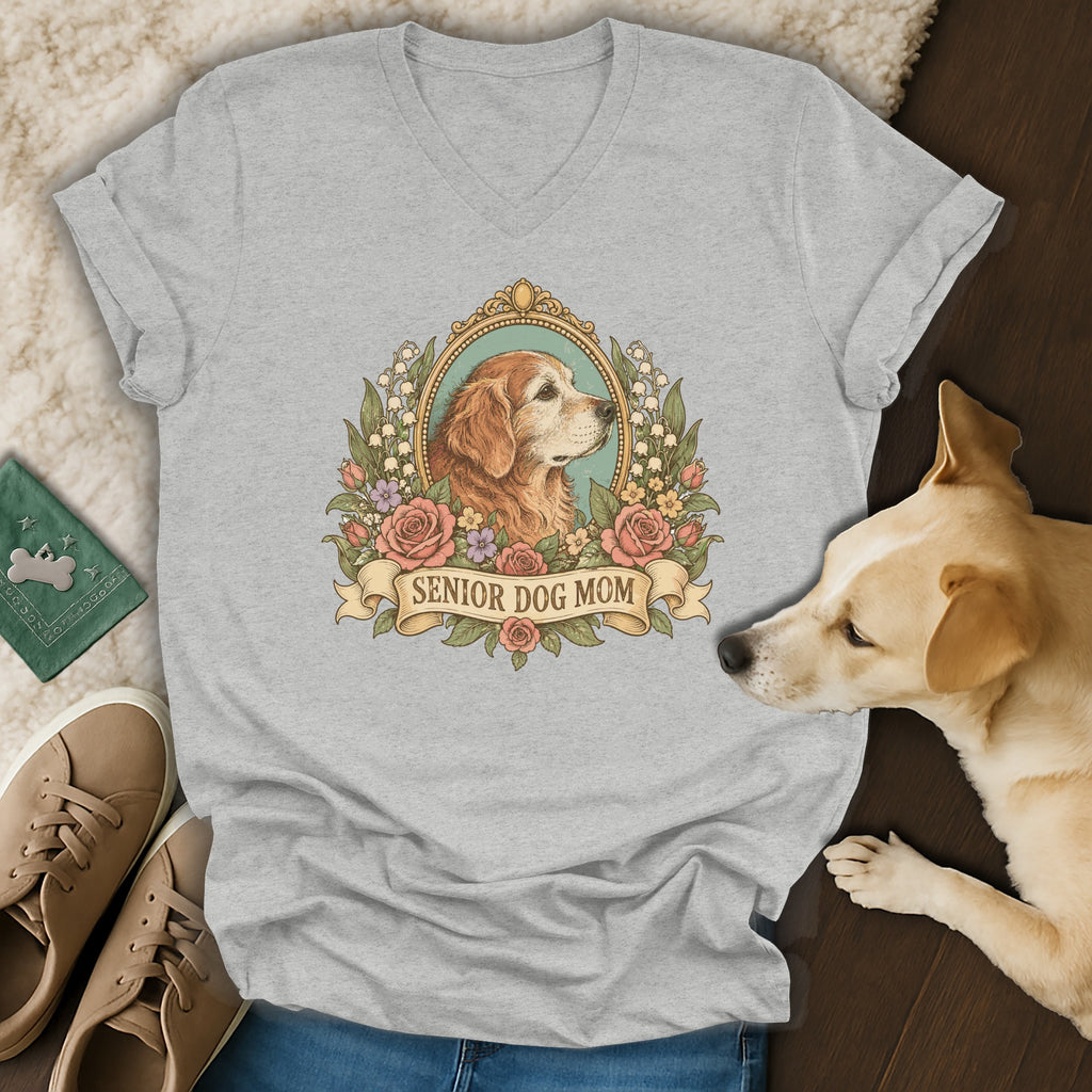 Grey V-neck t-shirt featuring a vintage floral graphic with a senior dog and text reading Senior Dog Mom.