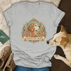 Grey V-neck t-shirt featuring a vintage floral graphic with a senior dog and text reading Senior Dog Mom.