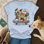 Dog on a skateboard in a colorful, geometric art style.