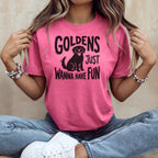 Pink t-shirt with "Goldens Just Wanna Have Fun" and a dog silhouette.