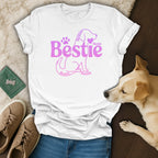 White t-shirt with pink "Bestie" graphic featuring dog silhouette.