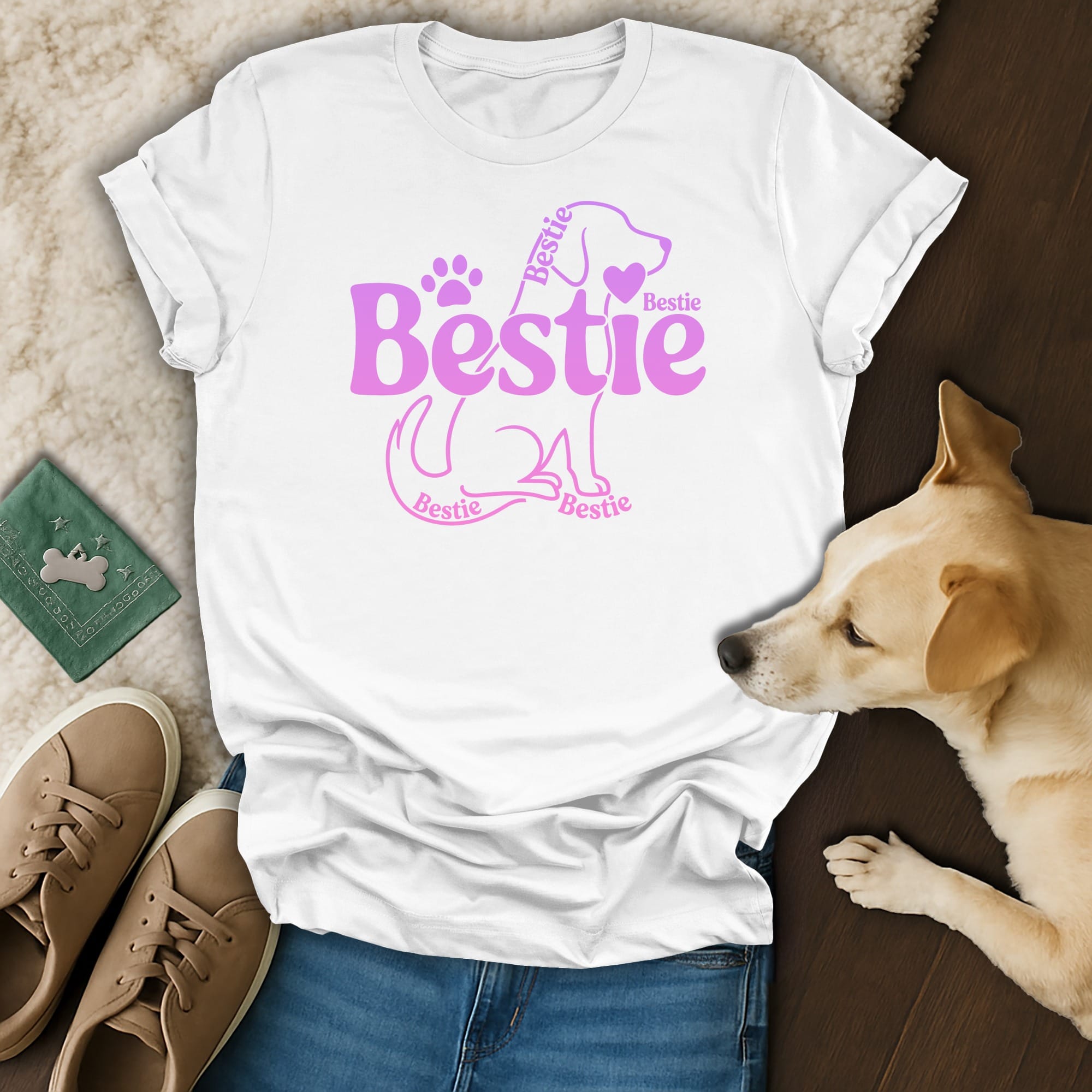 White t-shirt with pink "Bestie" graphic featuring dog silhouette.
