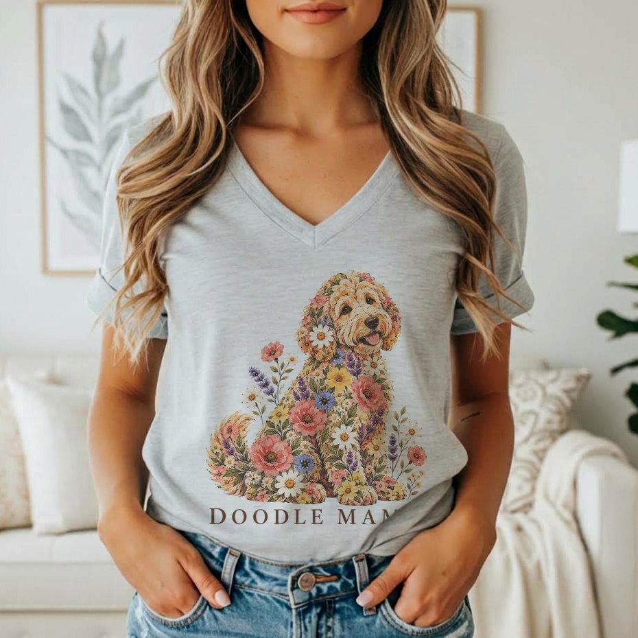 A woman wearing a gray V-neck t-shirt printed with a floral doodle dog graphic and the text DOODLE MAMA.