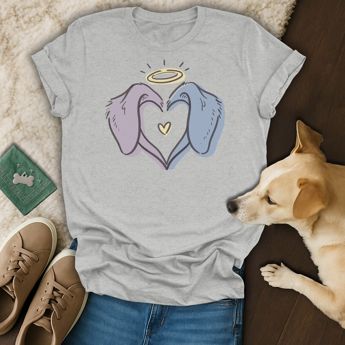 Grey t-shirt with lavender and blue dog ears forming a heart with a halo.
