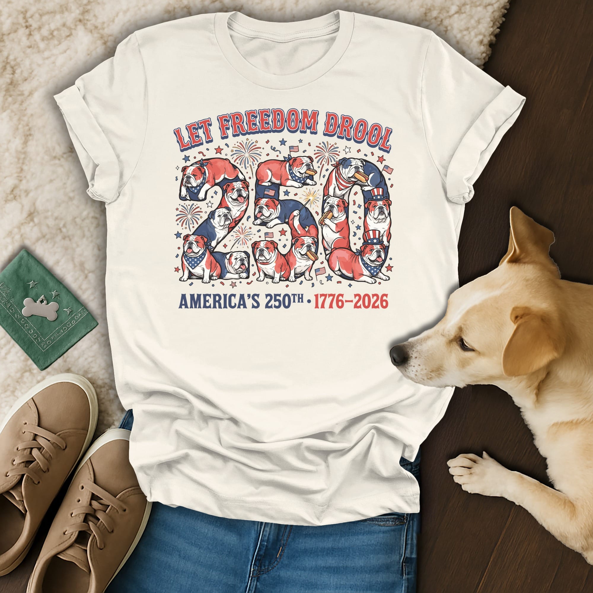 T-shirt with "Let Freedom Drool" and bulldog graphics for America's 250th.