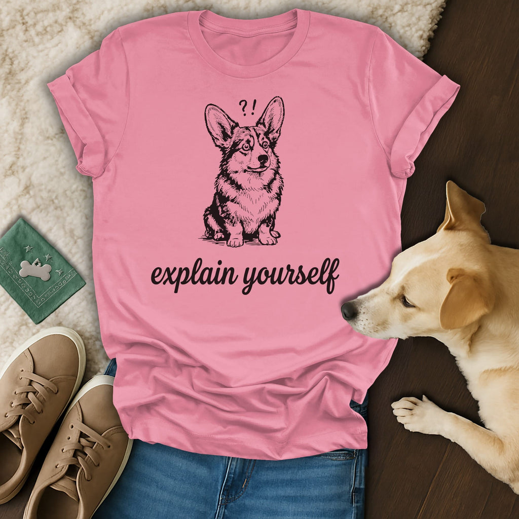 Pink t-shirt with a cartoon corgi and text "explain yourself".