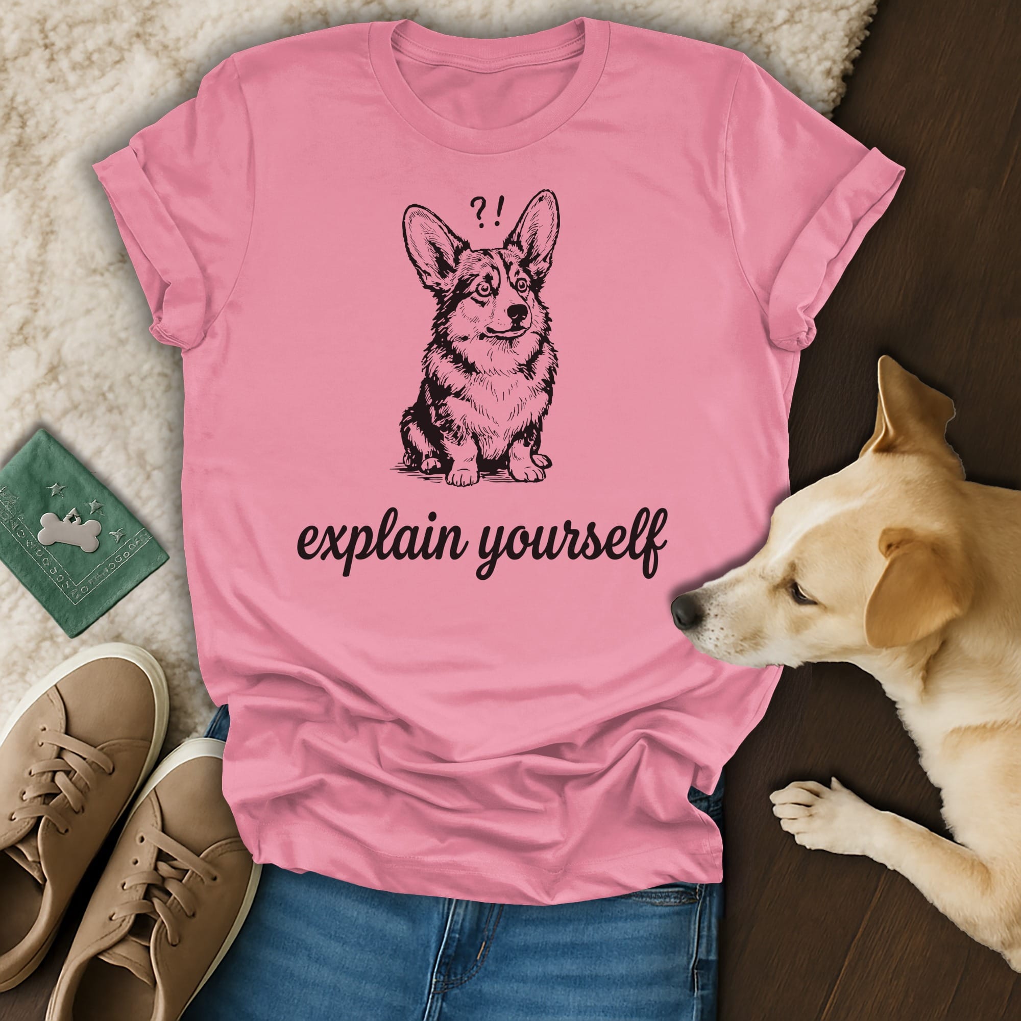 Pink t-shirt with a cartoon corgi and text "explain yourself".