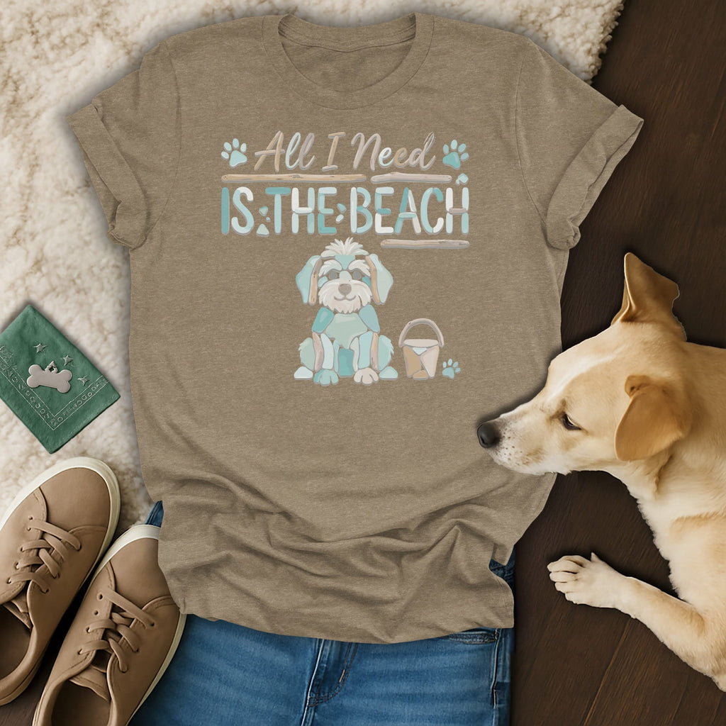 T-shirt with text "All I Need Is The Beach" and a cartoon dog.