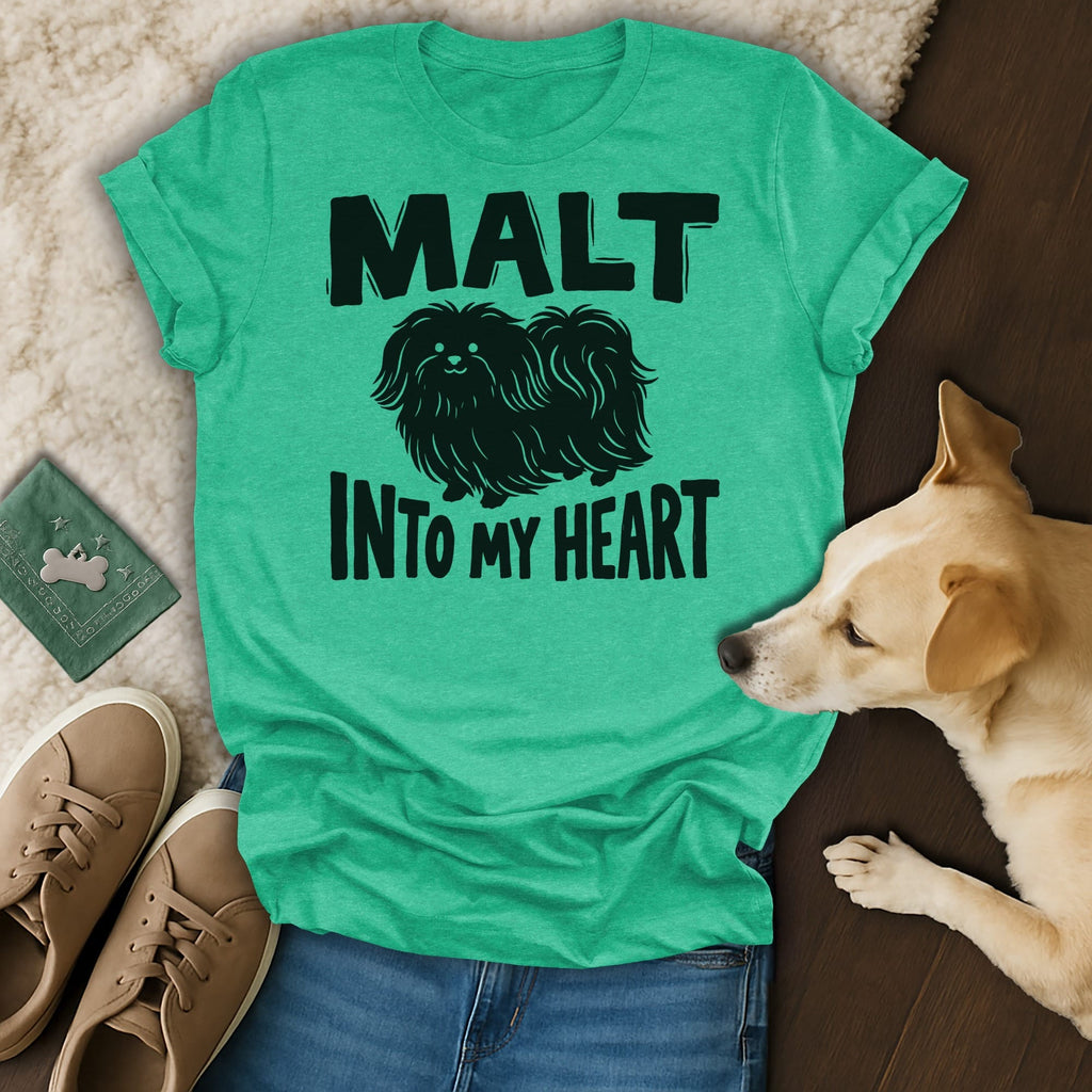 Green t-shirt with "MALT INTO MY HEART" and a dog graphic.