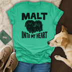 Green t-shirt with "MALT INTO MY HEART" and a dog graphic.