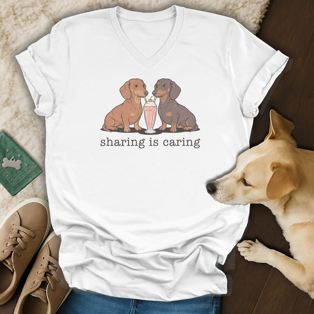 White v-neck shirt with cartoon dachshunds sharing a milkshake and text "sharing is caring".