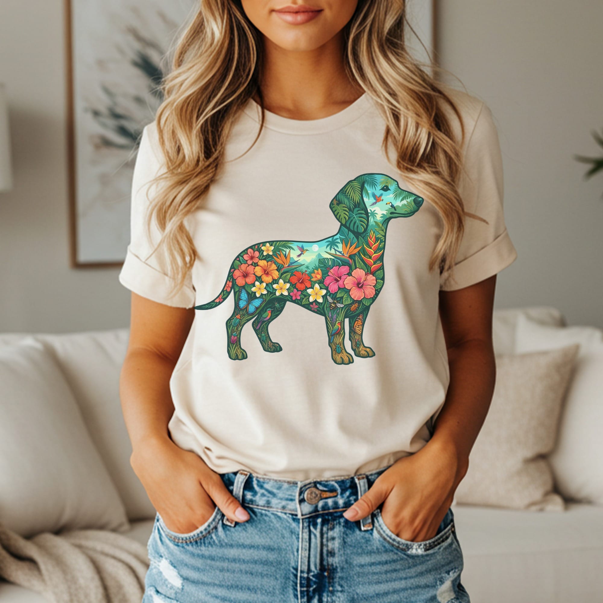 T-shirt with a tropical floral dachshund silhouette.