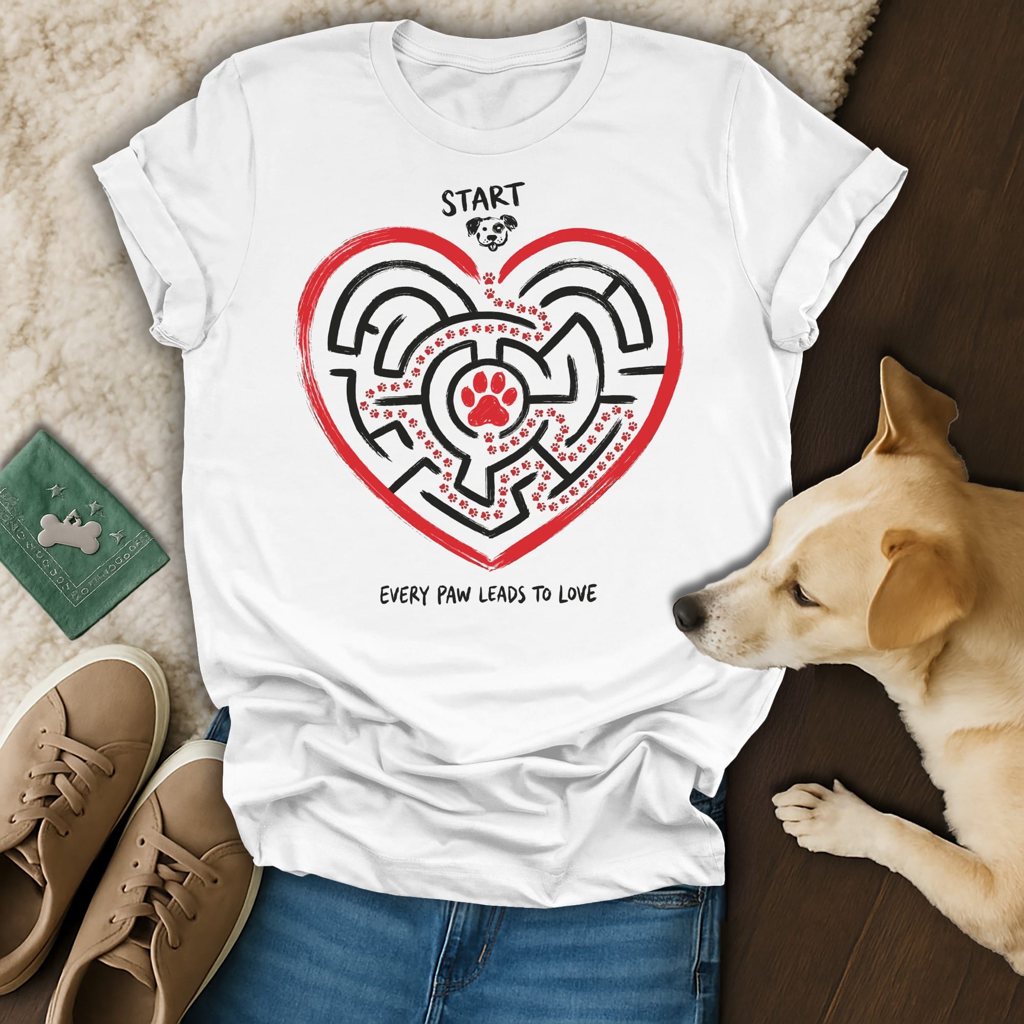 White t-shirt with heart maze featuring paw prints and text "START"