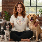 Woman with two dogs, one yellow lab and one tricolor spaniel, wearing a shirt with heart-shaped dog icons.