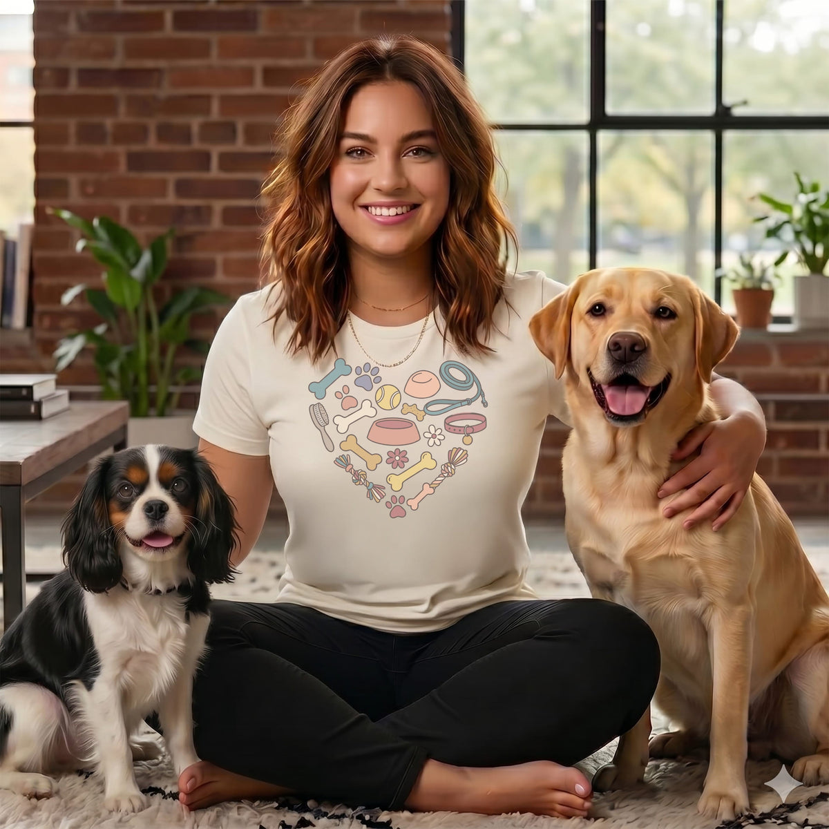 Woman with two dogs, one yellow lab and one tricolor spaniel, wearing a shirt with heart-shaped dog icons.