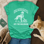 Golden retriever with text "Wrote the rules of loyalty, defined unconditional love. Ate the rulebook."