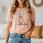 Line art golden retriever sits under a rain cloud with a rainbow.