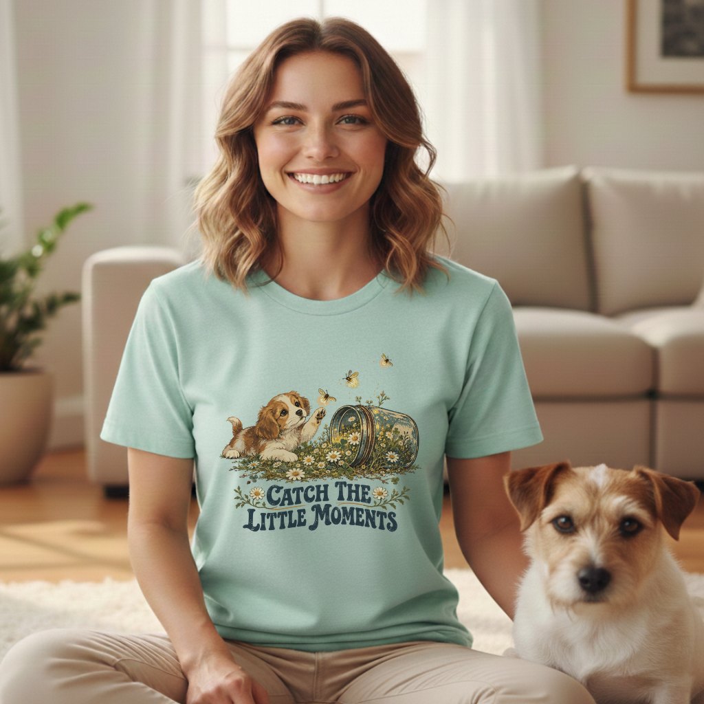 A smiling woman wearing a mint-green t-shirt with a graphic of a puppy and the text "Catch the Little Moments," sitting beside a small terrier in a living room.