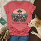 Dog wearing a captain's hat at a ship's wheel, with "On Cruise Control" text.