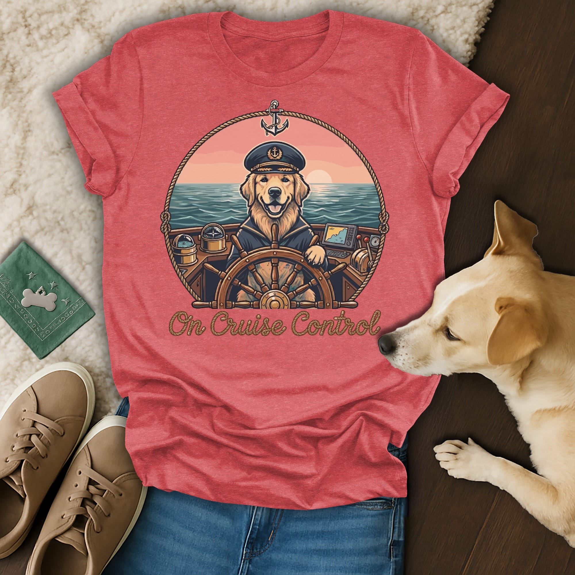 Dog wearing a captain's hat at a ship's wheel, with "On Cruise Control" text.
