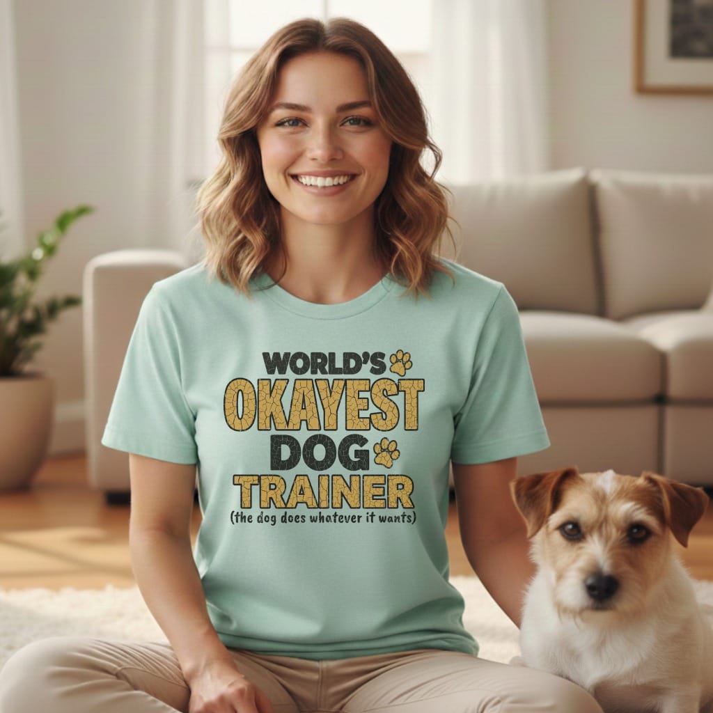 Light blue t-shirt with "WORLD'S OKAYEST DOG TRAINER" text and a dog.