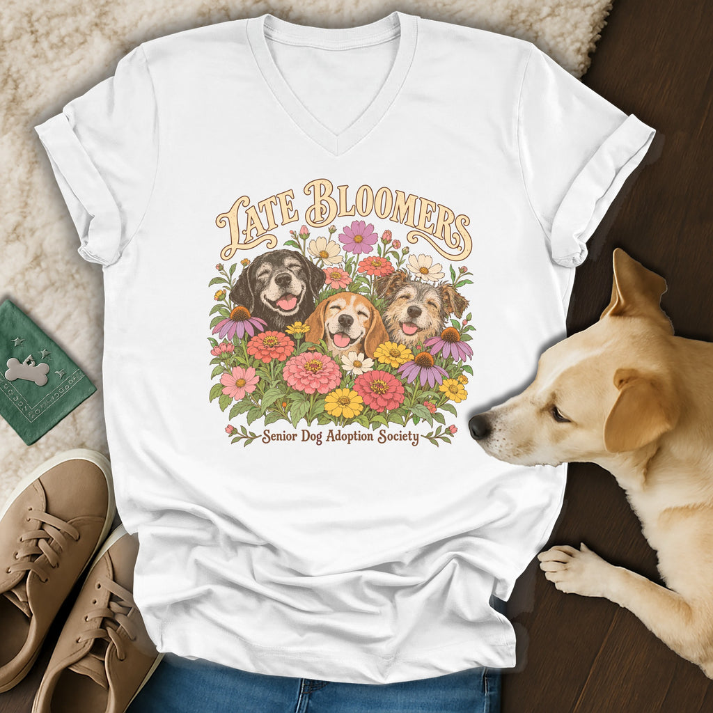 White V-neck t-shirt featuring a graphic of three dogs surrounded by colorful flowers and the text Late Bloomers Senior Dog Adoption Society.