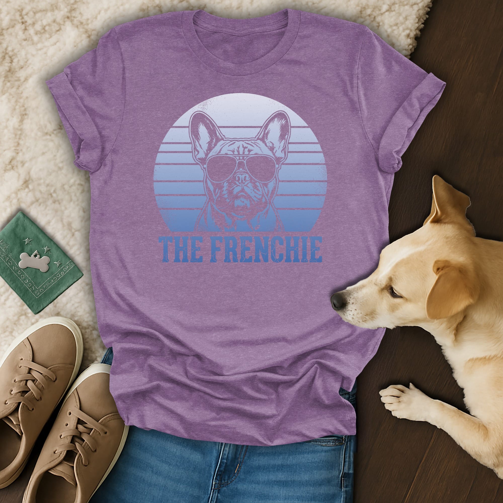 Purple t-shirt with "THE FRENCHIE" and sunglasses-wearing French bulldog graphic.