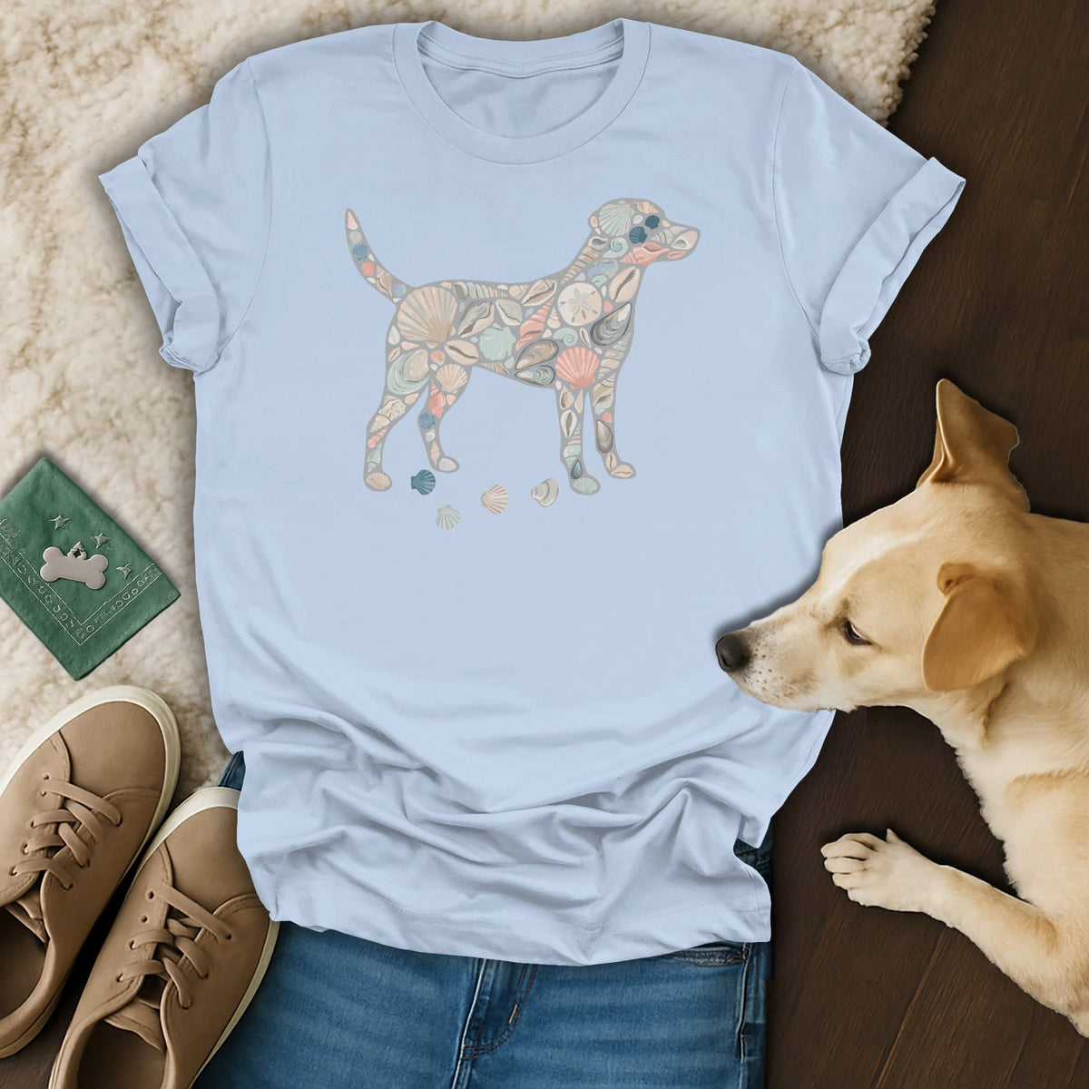 Light blue t-shirt with a dog outline filled with seashells and small shells.