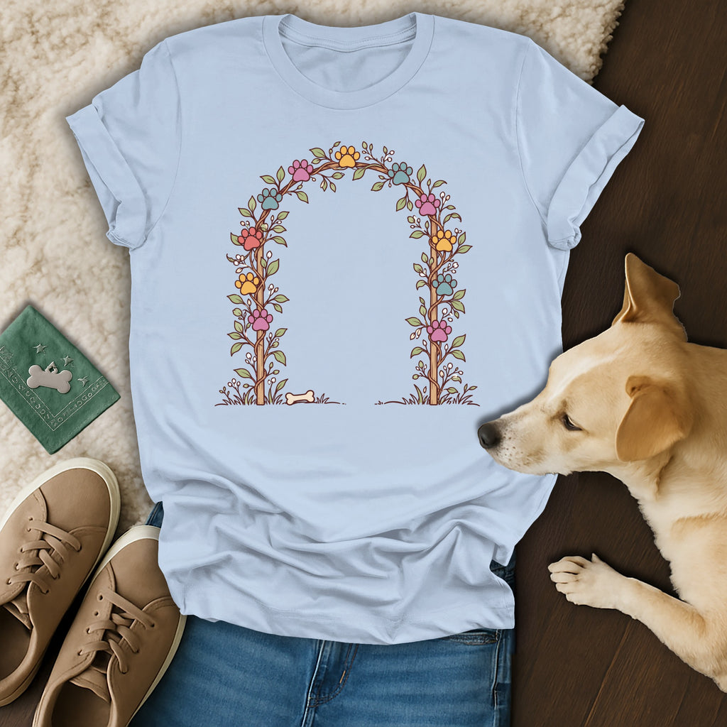Light blue t-shirt featuring a floral arch graphic with colorful paw prints, surrounded by shoes, jeans, and a dog.