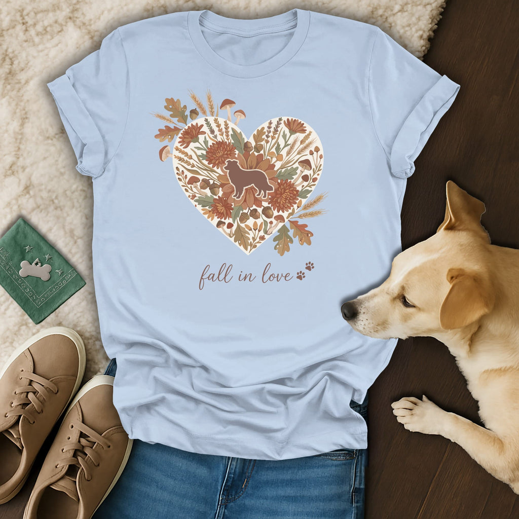 Light blue t-shirt with a heart design of a dog, flowers, leaves, acorns, and mushrooms.