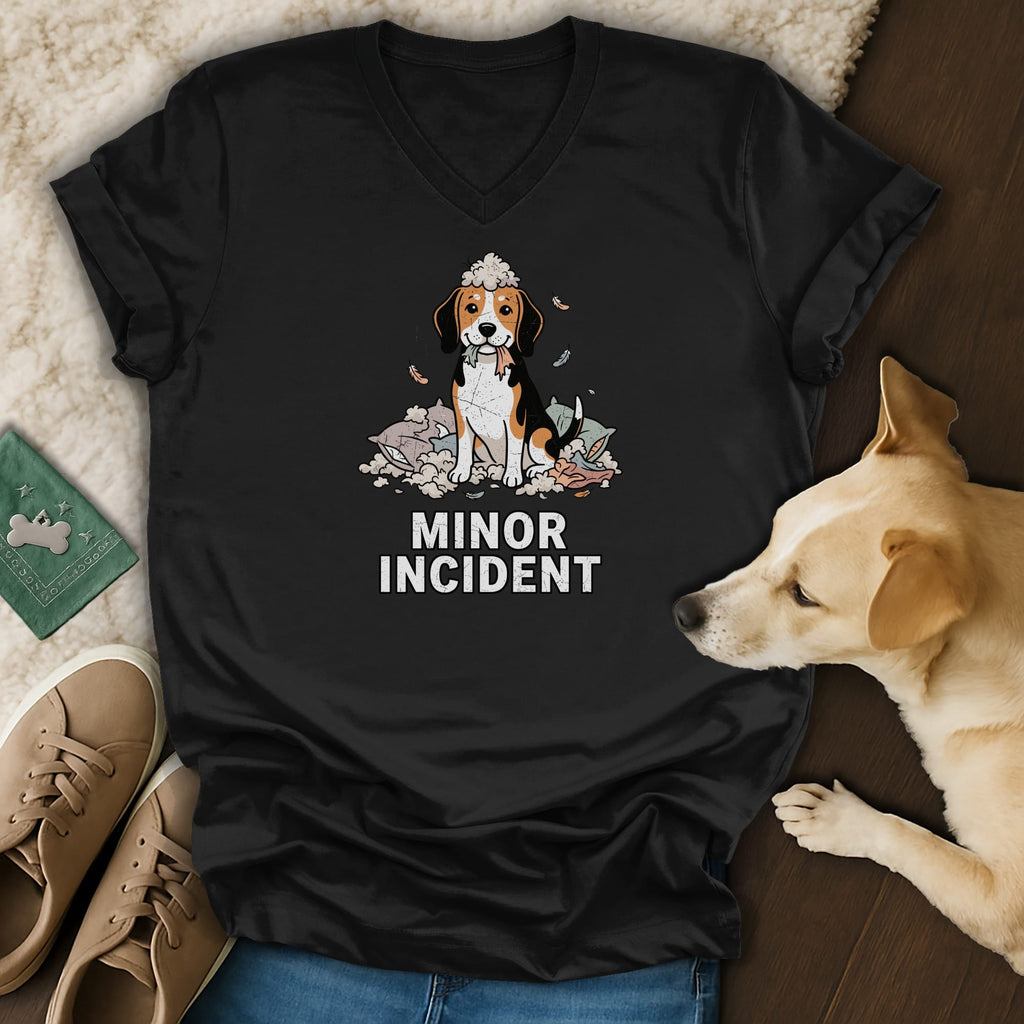 Black t-shirt with beagle dog graphic and "Minor Incident" text.