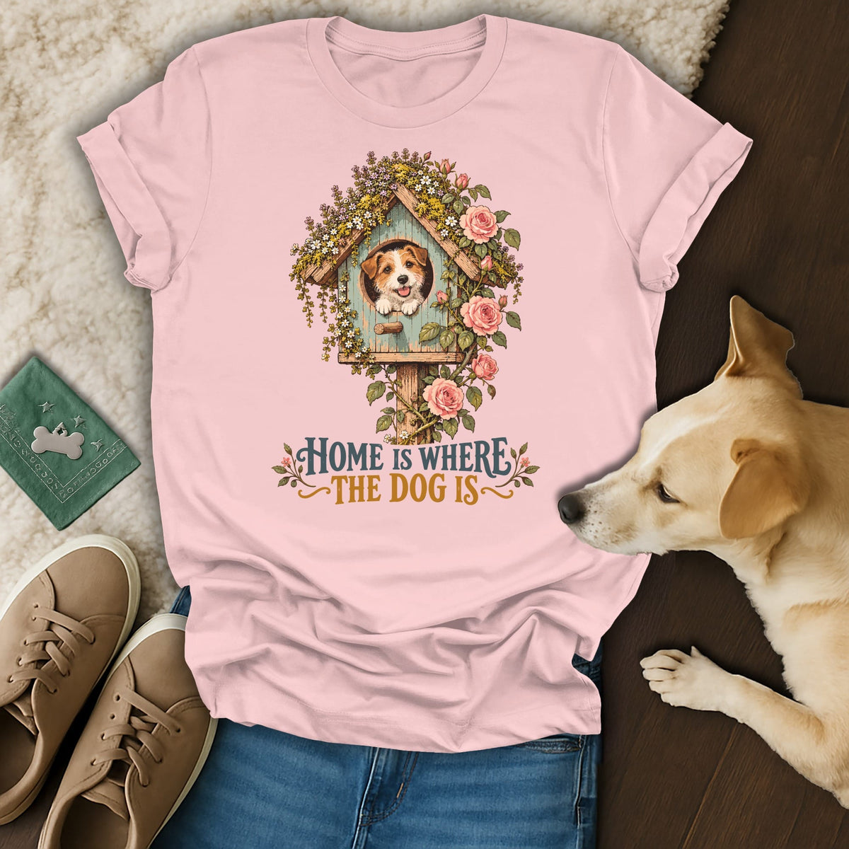 A pink t-shirt featuring a graphic of a dog in a birdhouse with the text Home Is Where The Dog Is.