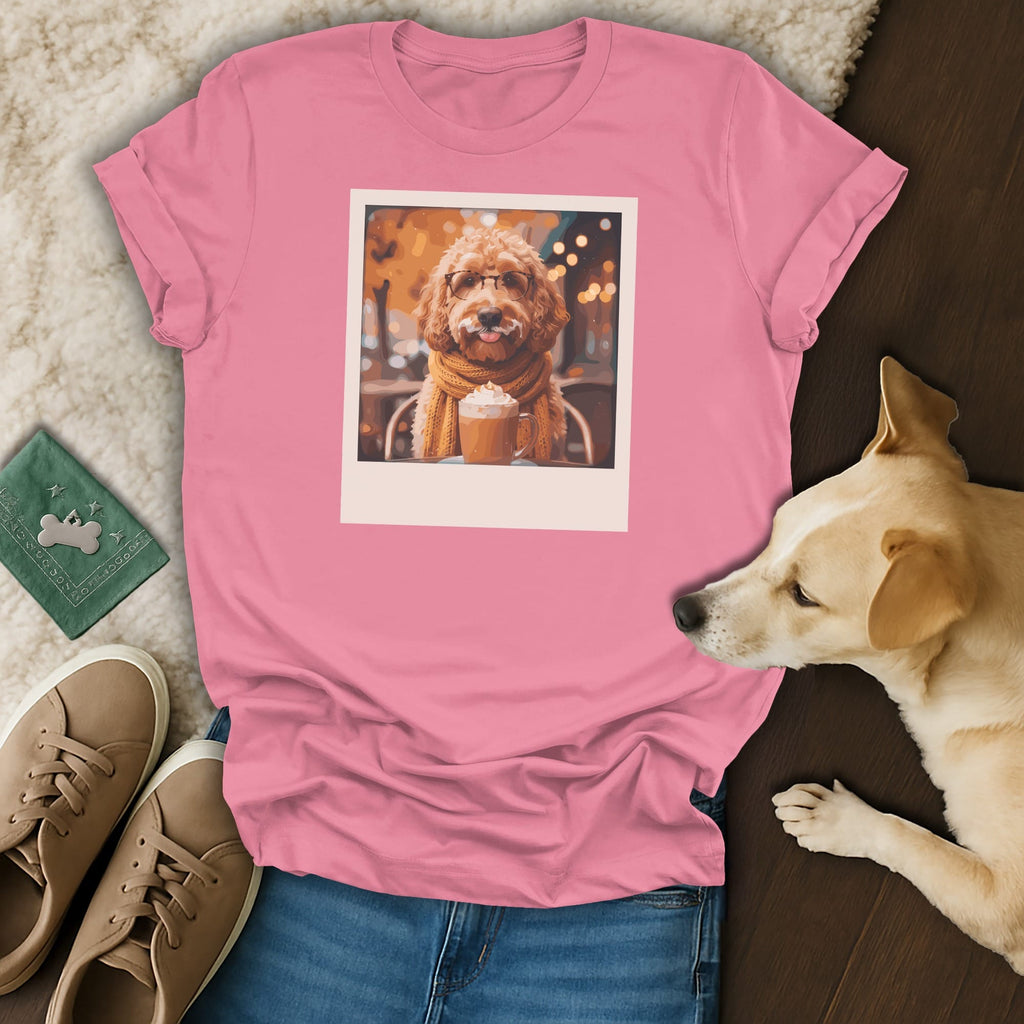 Pink t-shirt with a doodle dog wearing glasses and scarf, holding a latte.