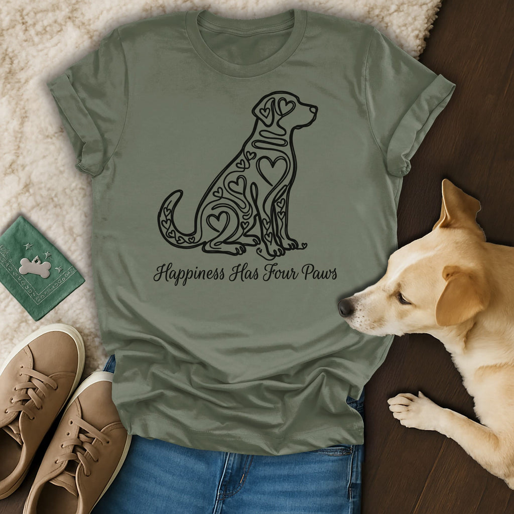Olive green t-shirt with a black heart-filled dog design and "Happiness Has Four Paws" text.
