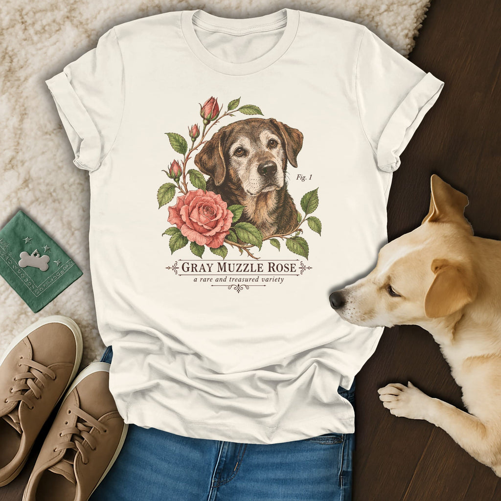 An off-white t-shirt features a vintage botanical illustration of an older dog with pink roses.
