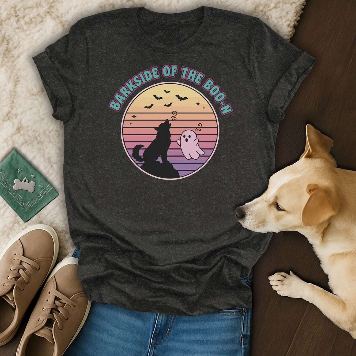 Dark t-shirt with "Barkside of the Boo-n" graphic of a wolf and ghost.