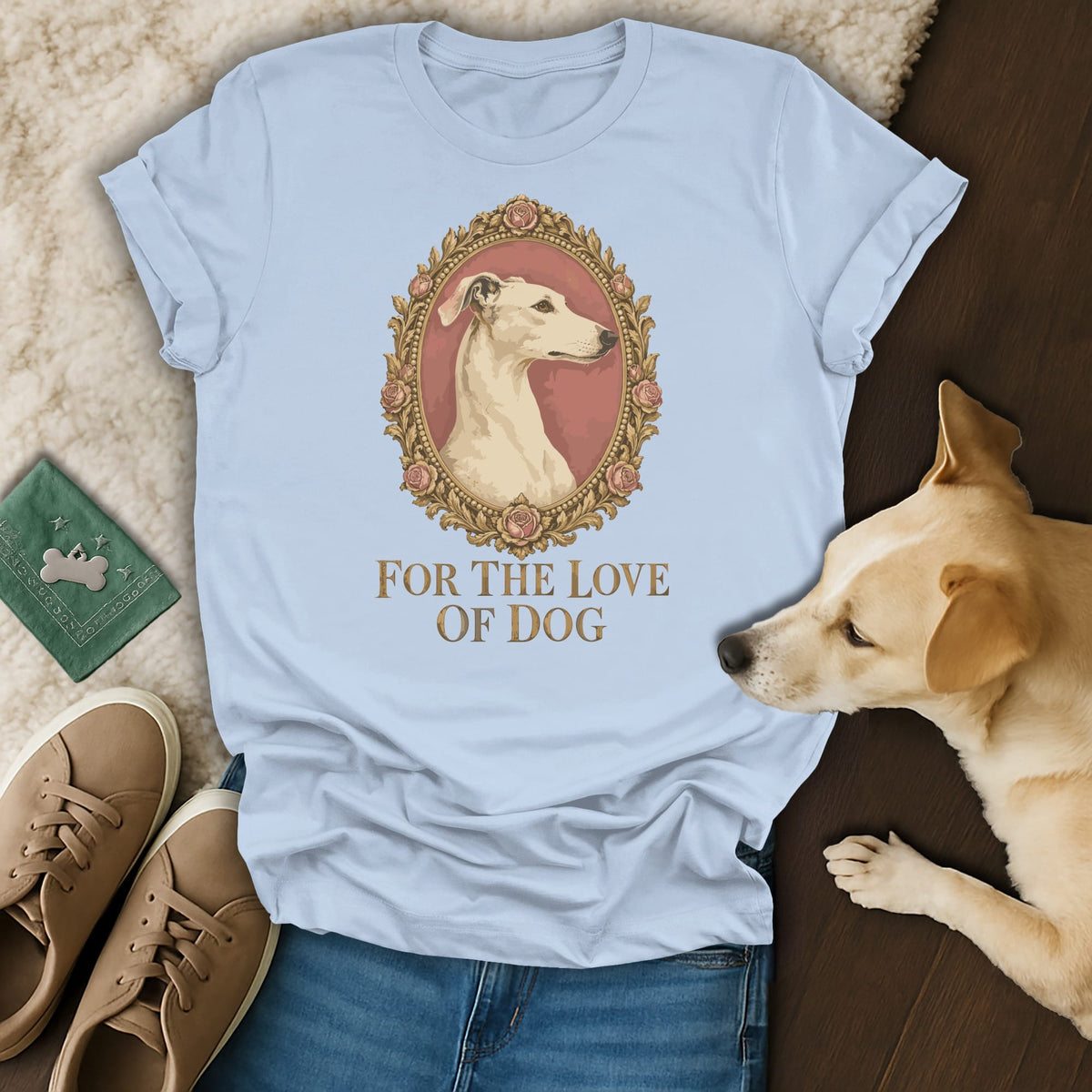 Light blue t-shirt featuring a framed dog portrait and the text FOR THE LOVE OF DOG, laid out with jeans, sneakers, and a real dog.