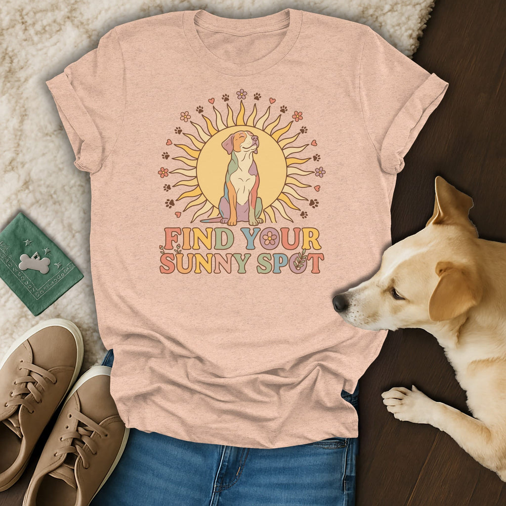 Peach t-shirt with a sun graphic featuring a dog and the text "FIND YOUR SUNNY SPOT".